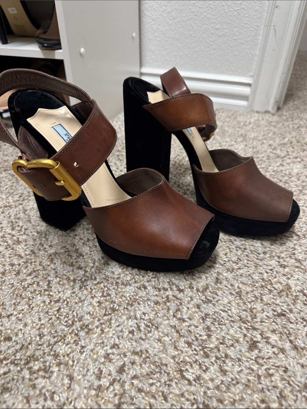 Prada Brown Leather Platform Sandals with Black Heel and Gold Buckle